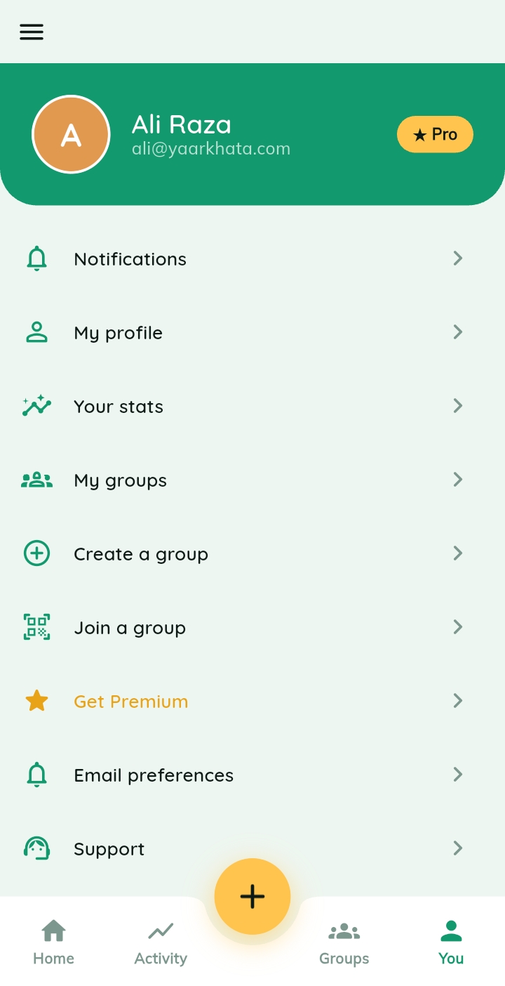 Your account — One hub for your profile, stats, groups and premium — the "You" tab.