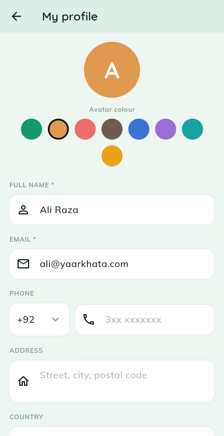 Edit your profile — Set your name, avatar colour, phone and address in a tap.