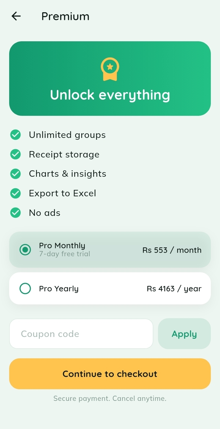 Go Premium — Unlock unlimited groups, receipts, insights and exports — card or bank transfer.