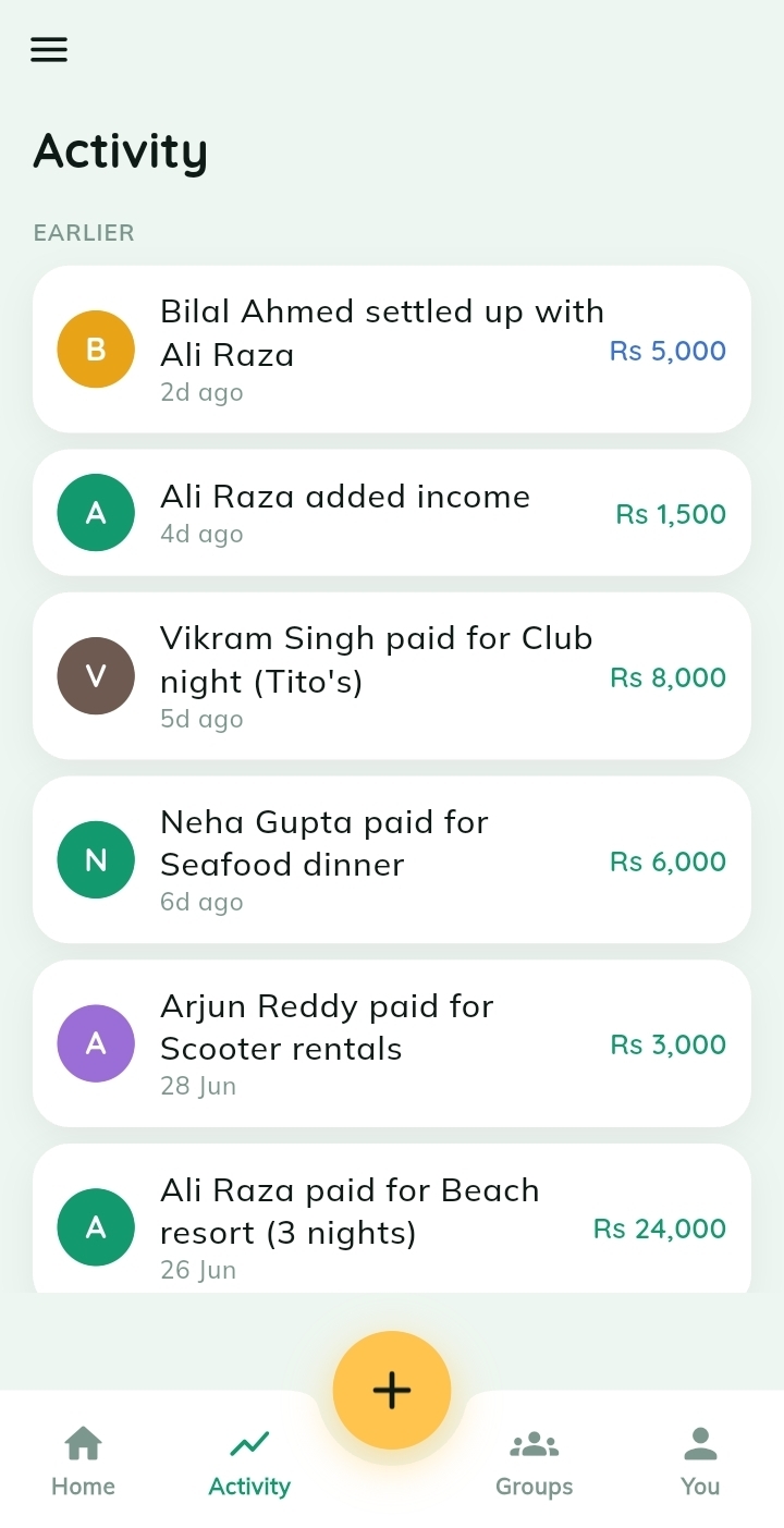 Activity feed — A running log of who paid, who settled and what changed across your groups.