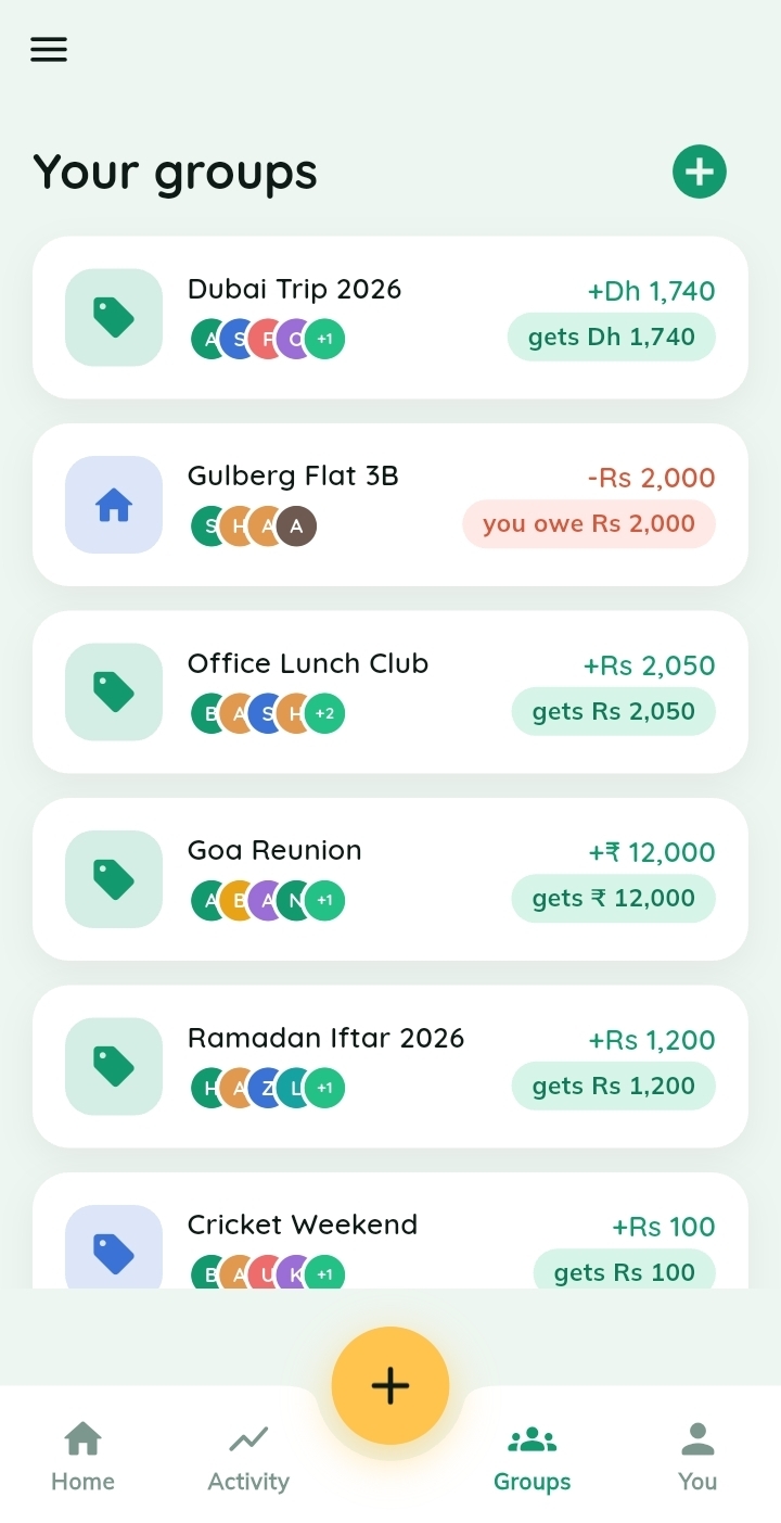 Your groups — Every trip, flat and event in one list with live who-owes-whom balances.