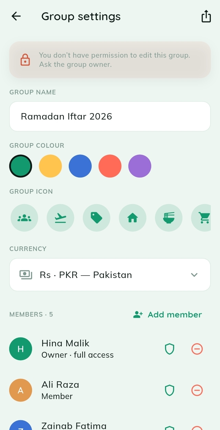 Group settings — Rename, recolour, change the icon and currency, and manage members.