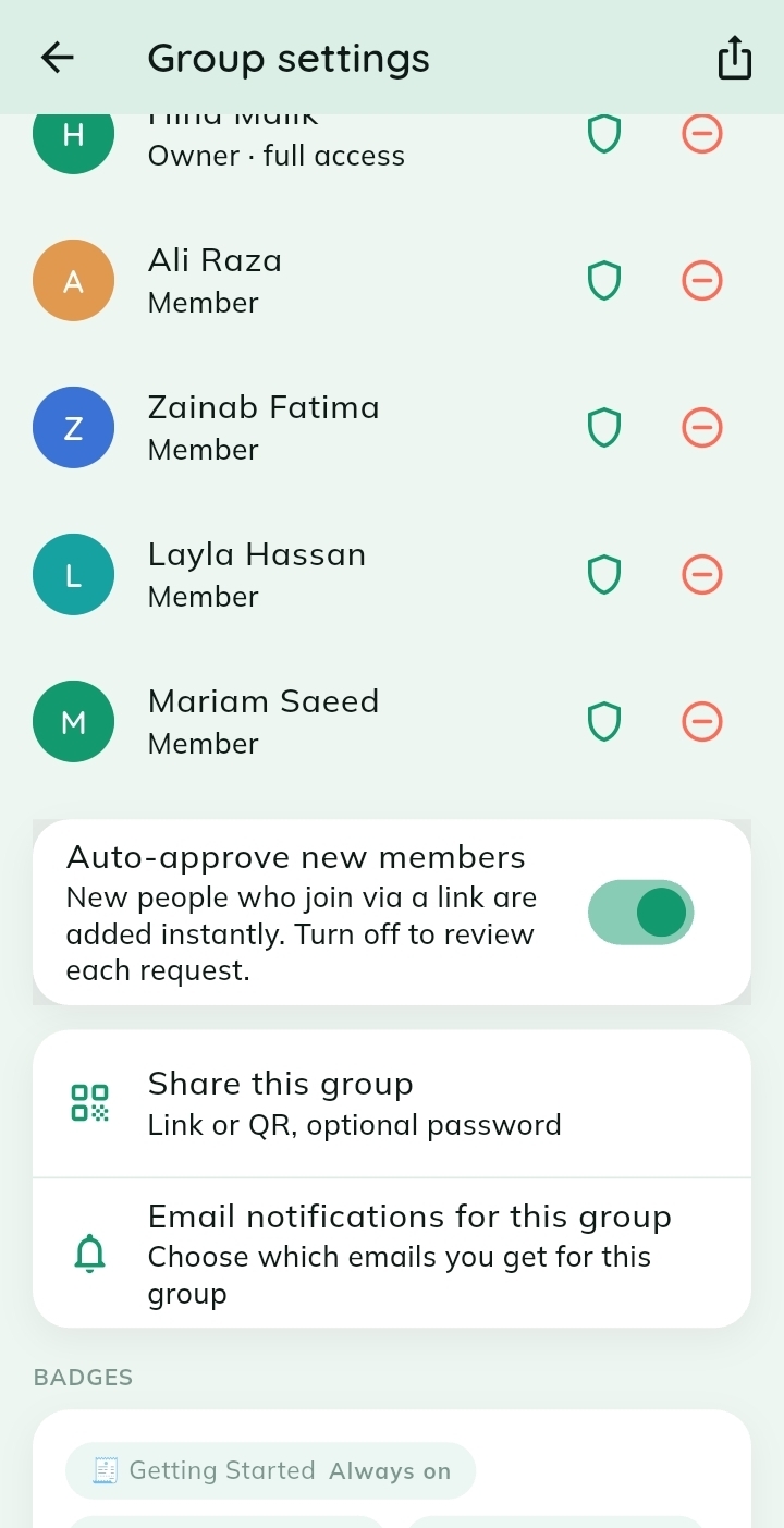 Members & sharing — Manage members, auto-approve joiners and open sharing options.