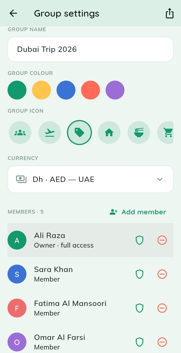 Customise your group — Pick a colour and icon, set the group currency and add people.