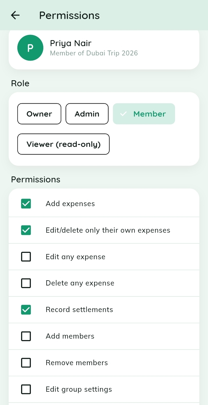 Member permissions — Set roles — owner, admin, member or read-only viewer — and fine permissions.