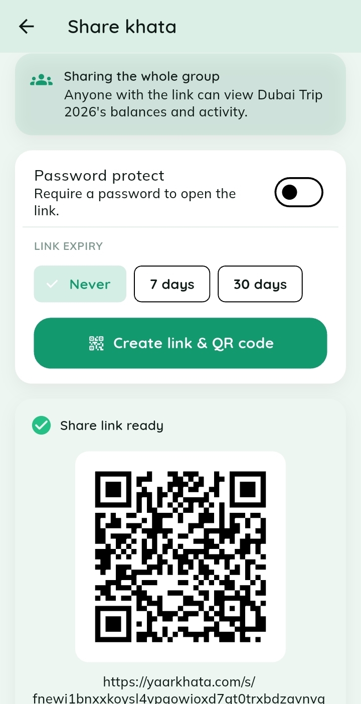 Share via QR — Create a link or QR, password-protect it and set an expiry.