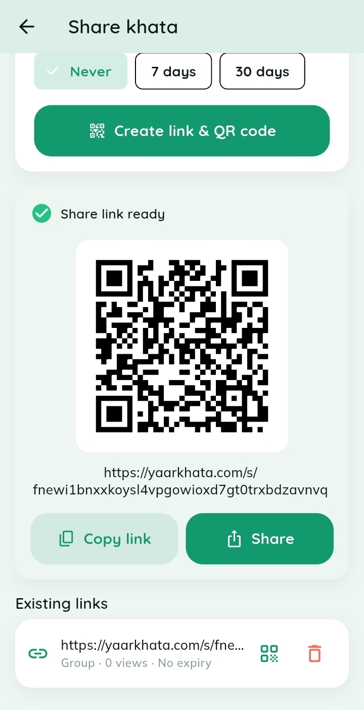 Copy & share link — A ready read-only khata link and QR to copy, share or revoke.