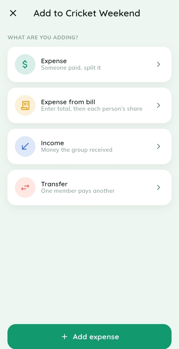 Add anything — Record an expense, an expense from a bill, income or a member-to-member transfer.