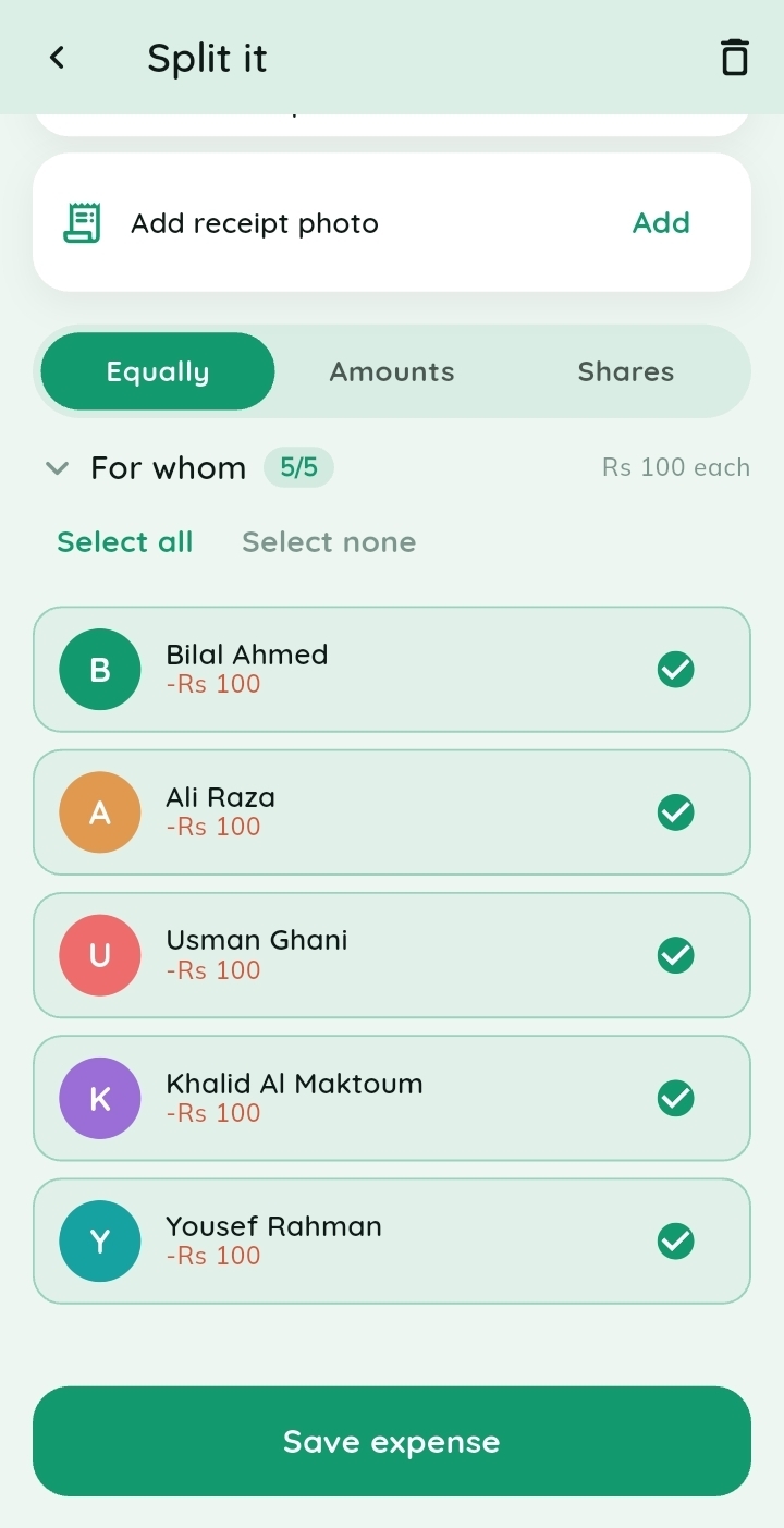Split equally — Tick who was involved and everyone gets an even share, instantly.