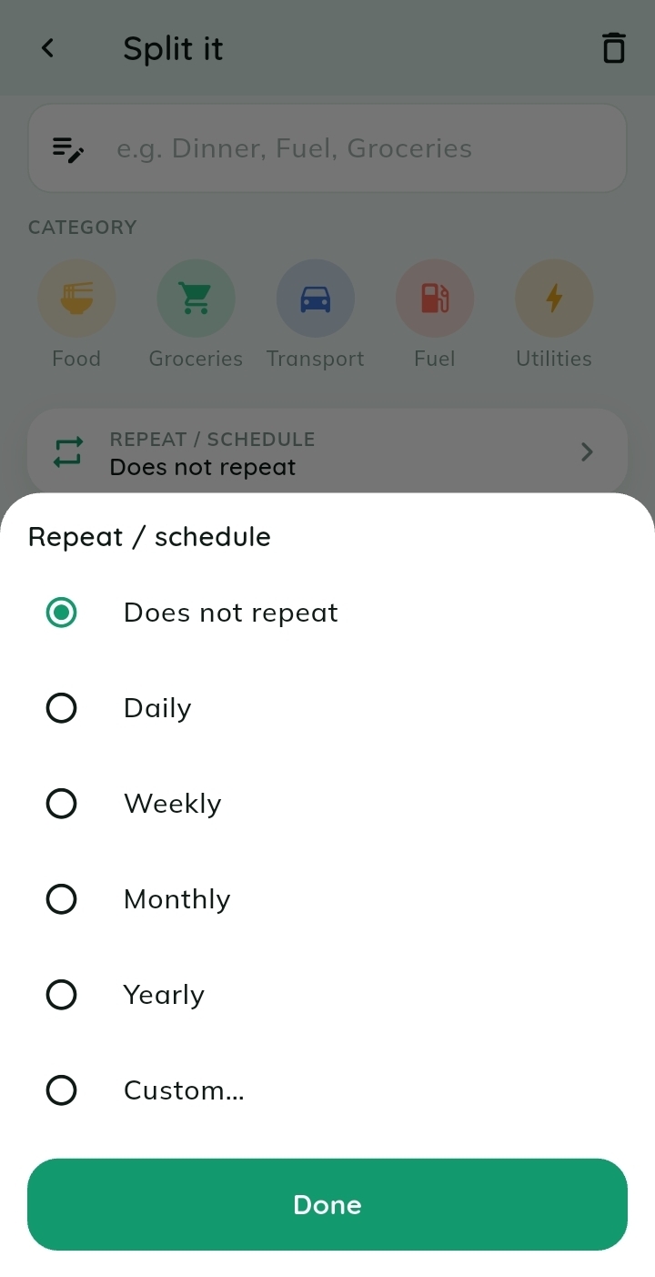 Recurring expenses — Set rent or subscriptions to repeat daily, weekly, monthly or yearly.